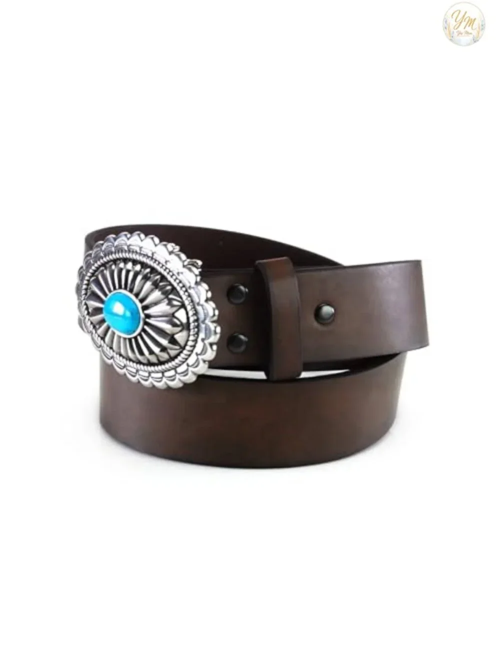Leather Belt with Oval Concho Buckle Turquoise Stone